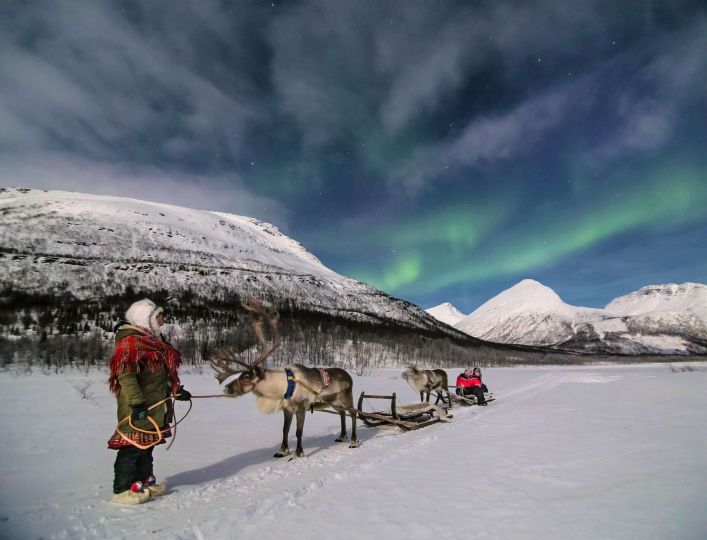 Reindeers pulling sleds with people with Northern lights over them