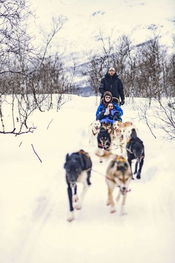 Group of huskies pulling sledge with people in it.