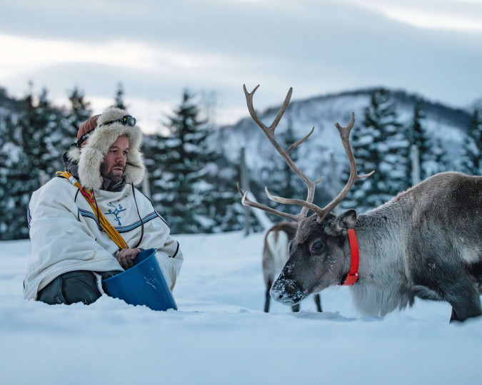 Guide feeding reindeer