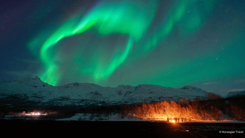 Northern Lights stretching over people sitting around campfire