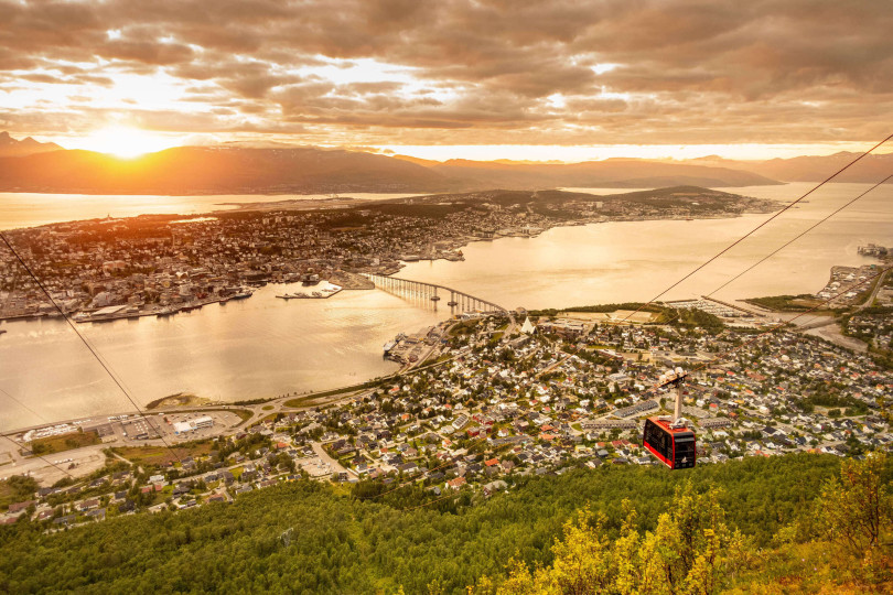Fjellheisen cable car view with midnight sun and Tromso views